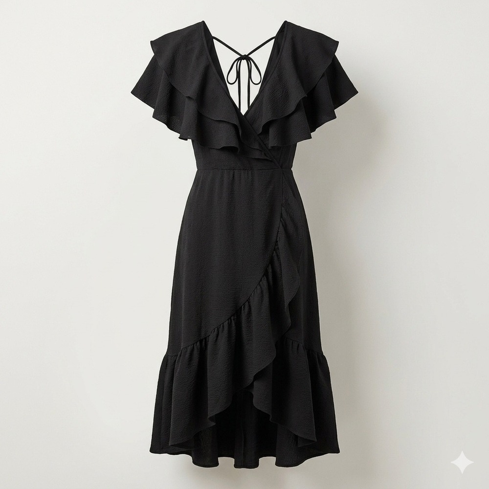 Fashion Nova Addison Airflow Midi Dress Black Ruffle Low V-Neck Coquette Size‎ M